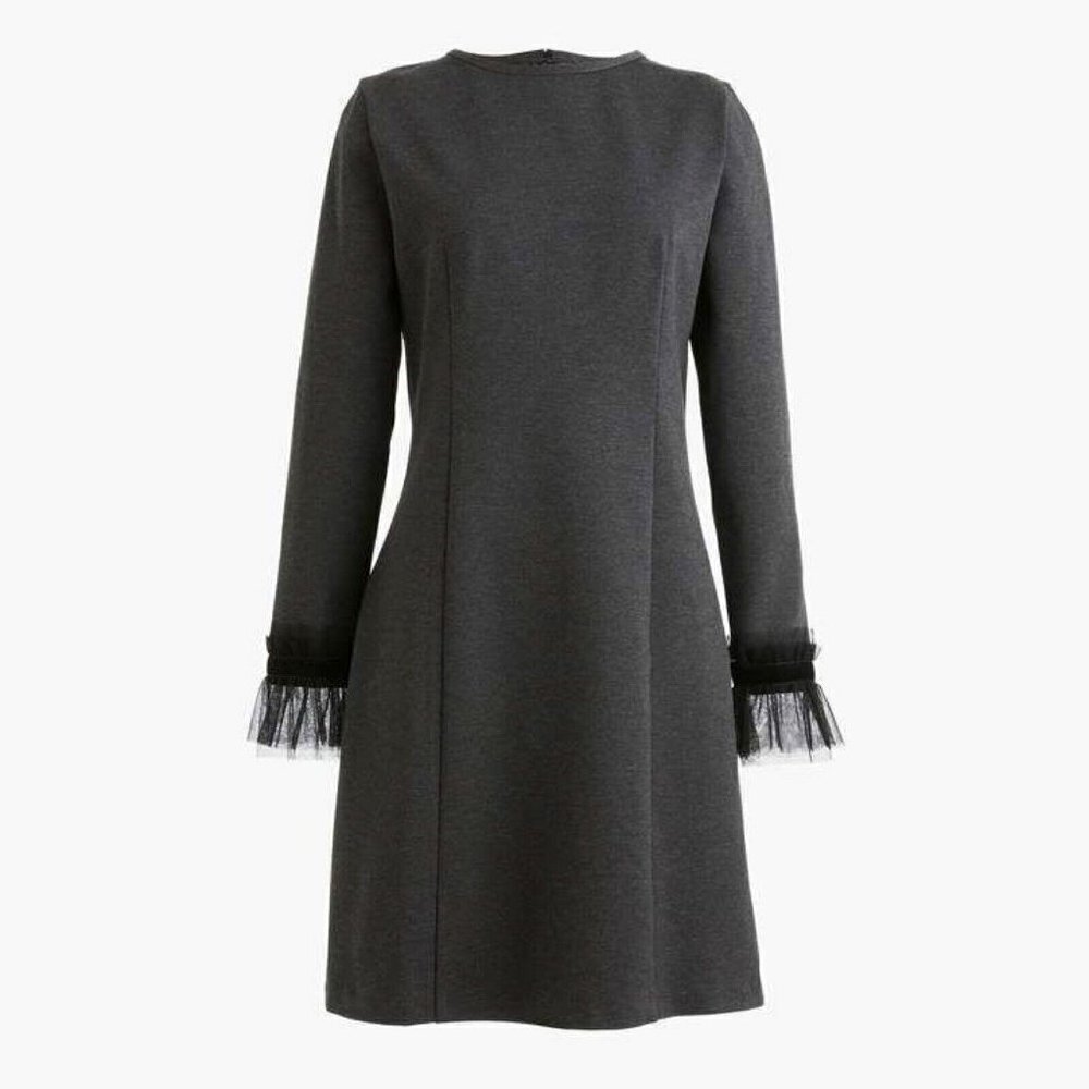 J. Crew Charcoal Gray Tulle Trim Long Sleeve Stretch Sheath Dress
